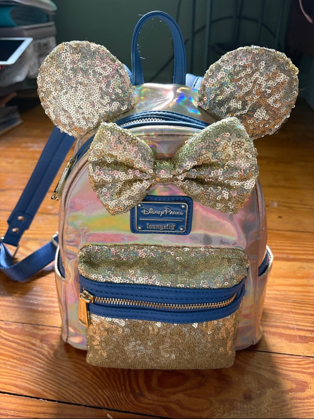 Loungefly Disney Parks Gold and Blue Iridescent Holographic Mini Backpack